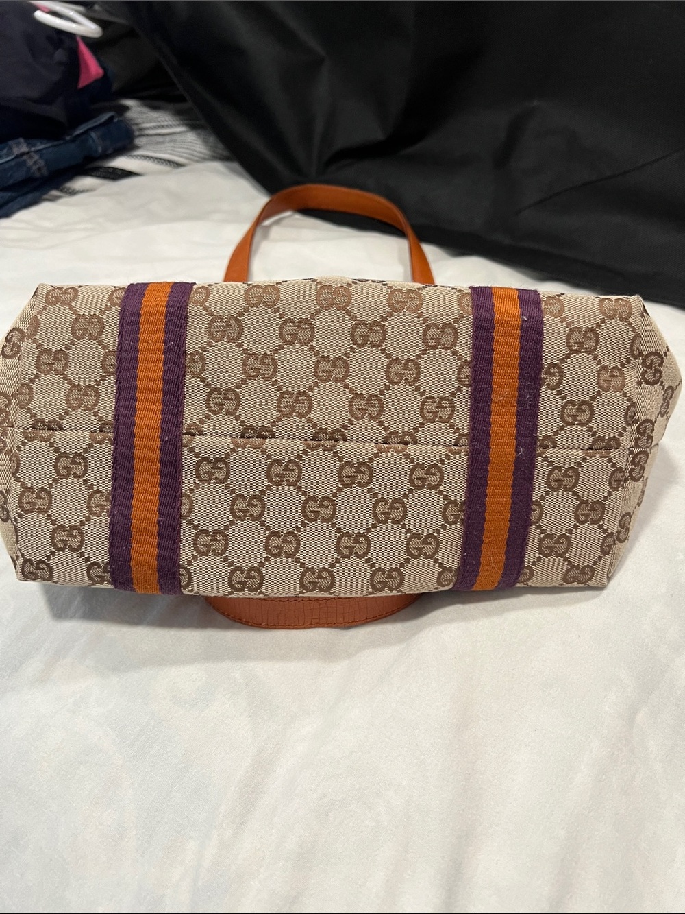 Gucci Beige GG Canvas Tote with Orange Leather Handles and Purple/Orange Stripes - Picture 4 of 11